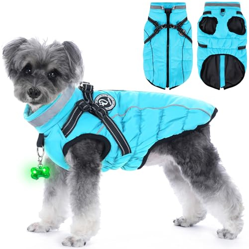 HezzLuv Waterproof Dog Winter Jacket with Harness, Reflective Strips & LED Light-Emitting Collar Dogs Coat, Fleece Cotton Lined, Windproof/Adjustable Warm Dog Coats & Jackets for Small & Medium Dogs