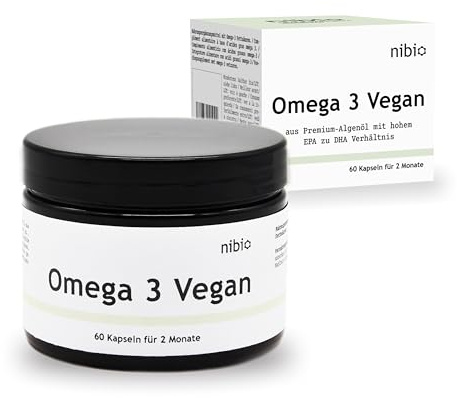 Nibio Vegane Omega-3 Algenöl Kapseln, 550 mg Omega-3 Fettsäuren (mit hohem EPA Anteil) pro Tagesdosis, 60 Kapseln für 2 Monate, nachhaltig, Schadstofffrei, Made in Germany