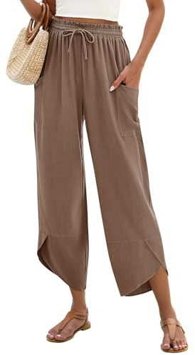 LOMON Womens Pants Wide Leg High Waisted Palazzo Pants Summer Flowy Beach Lounge Casual Linen Trousers with Pockets (Coffee,M)
