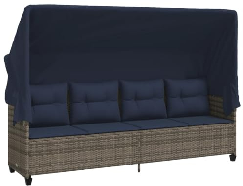 vidaXL Sonnenliege, Liege mit ausziehbarem Sonnendach, Gartenliege mit dick gepolsterten Kissen, Sonnenbett Gartenmöbel, Grau Poly Rattan