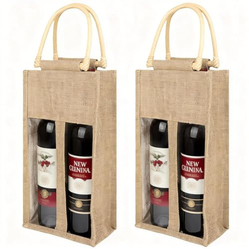 2 stycken vinflaskväskor i jute, vinbärväska, 4 flaskor med visningsfönster, återanvändbar flaskväska natur, flaska vinpåse med handtag för bröllop, födelsedag, fest, 17 x 10 x 33 cm