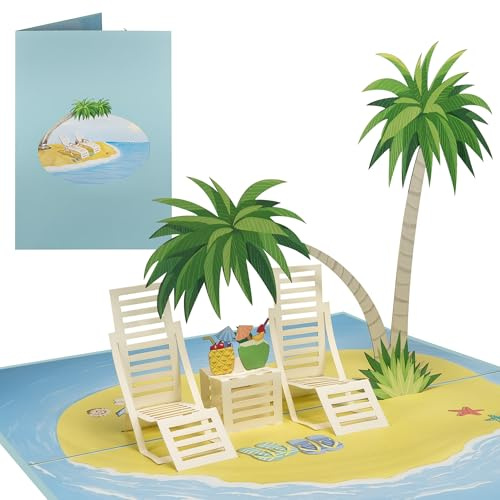 Sweetpopup® Pop-Up Karte Strand & Palmen – 3D Glückwunschkarte für Geburtstag, Reise und Entspannung –Perfekt als Gutschein & Geldgeschenk für Inselurlaub und Urlaub am Meer - 024b