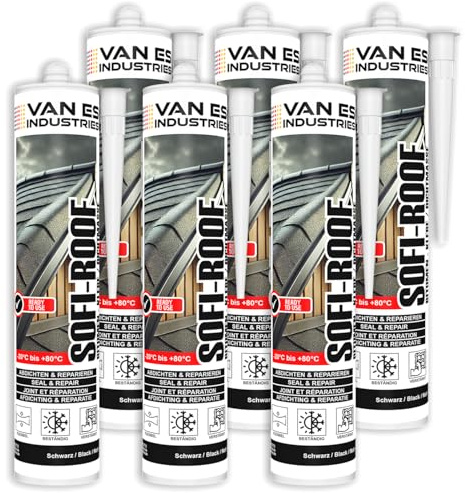 VE-INDUSTRIES SOFI-ROOF Bitumen Dichtmasse – Dachabdichtung – Kaltverarbeitbarer Bitumenkleber – UV- & wetterbeständig – 6x 300 ml Kartusche – schwarz – Faserverstärkt