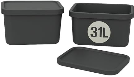 Plastard Aufbewahrungsbox mit Deckel 2er-Set 31 Liter in Anthrazit | BPA-Freie Ordnungsbox für Küche, Bad, Büro, Kinderzimmer, Robuste Stapelbare Kunststoffbox, 34 x 46 x 26 cm, Ordnungskiste