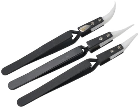 FUANA Set di 3 pinzette in ceramica antistatiche resistenti al calore, con punte in zirconio per saldatura elettronica, include pinze dritte, grandi curve e piccole curve, nere e bianche