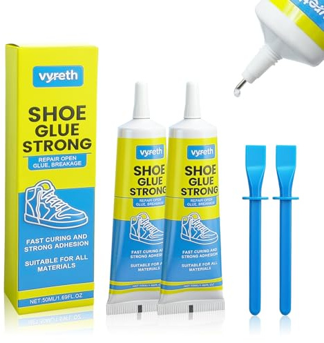 Lot de 2 tubes de colle spéciale pour chaussures - 50 ml - 2 pièces de colle étanche avec 2 petits grattoirs bleus, colle pour talons, colle pour cuir, caoutchouc, toile, plastique, etc