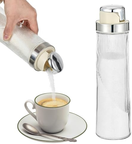 2 PCS 20 OZ Large Glass Sugar Dispenser with Pour Spout Large Capacity Glass Jars for Sugar Coffee Sugars Container Non-slip Ribbed Design Food-Grade for Salt Tea Coffee Station Kitchen Baking, Silver