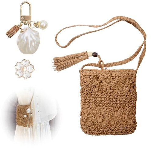 Snugcore Straw Bag for Women with Tassel Shell Keychain Cherry Blossom Brooch, Fashion Woven Bag, Weave Handmade Bohemian Crossbody Bag Shoulder Purse with Zipper for Summer Beach Travel