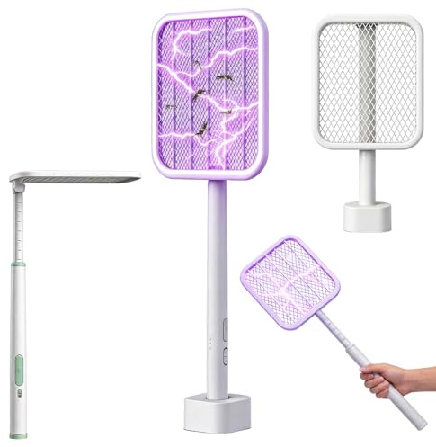 Afenau Raqueta Mosquitos Electrica, 1200mah Matamoscas Electrico Raqueta con Trampa UV para Mosquitos, Mata Moscas Electrico Raqueta, Raqueta Mata Mosquitos para Hogar Y Jardín (Blanco)