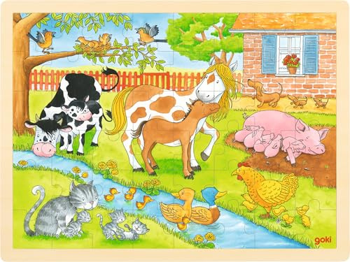 goki 57745 - Einlegepuzzle Leben auf dem Bauernhof aus Holz, Holzpuzzle mit Tiermotiven, Lernspielzeug und Kinderpuzzle, fördert Fantasie und Motorik der Kinder, 40cm x 30cm, 48er Set, ab 3 Jahre