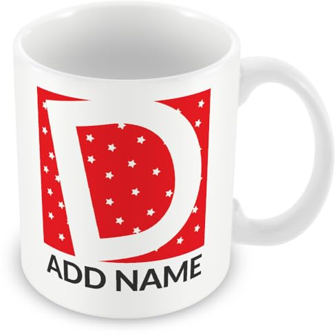 MUGGZ Personalised Initial & Name Mug – Custom Letter & Name Coffee Cup – Red & White Stars Pattern – Unique Custom Monogram Gift for Friends & Family – Birthday, Christmas, Office & Home