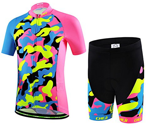 LSHEL Kinder Jungen Radsport Anzüge Atmungsaktive Mädchen Fahrradbekleidung Set Trikot Kurzarm Radhose mit Sitzpolster, Camouflage fluoreszierend Rosa, 122/128(Herstellergröße: L)