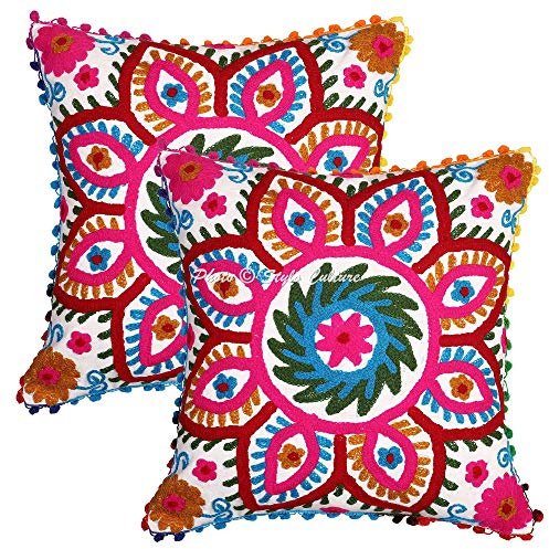 Stylo Culture Boho Fundas para Cojines Decorativos 40x40 cm Algodón Floral Forros De Cojines Sofa Blanco 16x16 Inch Pompón Bordado Suzani Cuadrado Cremallera Fundas De Almohadones para Cama - 2 Pcs