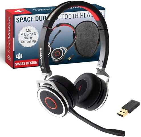 freeVoice Space Stereo NC I Kabellose Kopfhörer mit Noise-Cancelling Mikrofon I Bluetooth Headset mit USB-A Dongle I Earphones für bis zu 10 h Gesprächszeit I Over-Ear Headset mit 30 m Reichweite