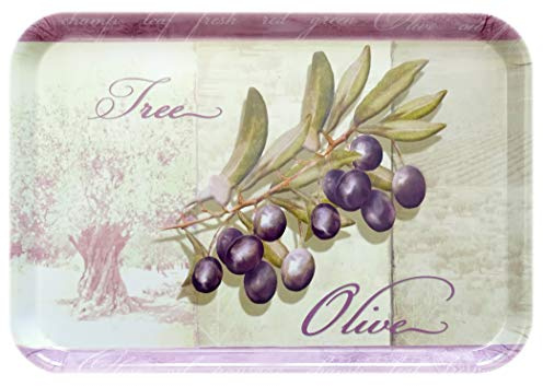 Lashuma Melamin Frühstückstablett rechteckig, Mediterranes Motiv: Olivenbaum, Deko Tablett Grün ohne Griffe 38x26