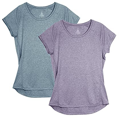 icyzone Dam fitness sport t-shirt kortärmad löpartröja gym träning funktion skjorta, 2-pack, Lila/marinblå, L