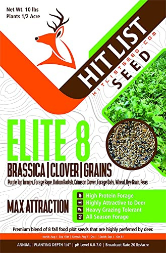 HIT LIST SEED® Elite 8 Fall Food Plot Seeds for Deer [ANNUAL MIX] - Deer Food Plot Seed - Deer Plot Seed Mix - Turnip, Radish, Brassica, Clover, Wheat, Rye, Oats, Peas - Fall Planting -10 lbs 1/2 Acre