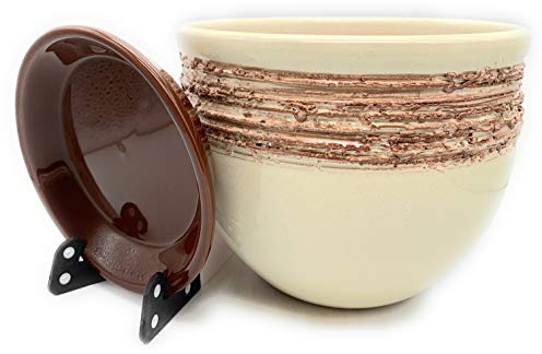 Sun Cakes Pot de fleurs en terre cuite émaillée avec soucoupe ronde avec bac à goutte, Pot Plante Intérieur, couleur argile à rayures vieillies (30 x 22 cm, couleur ivoire)