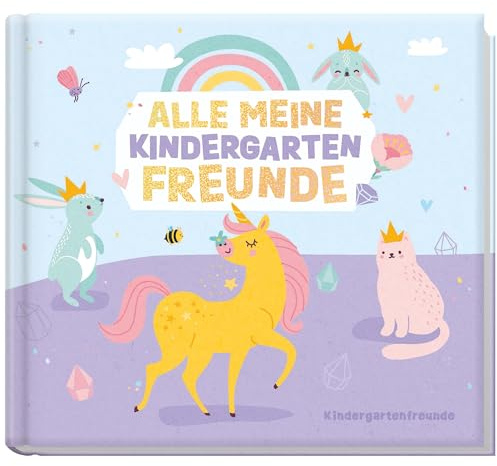 Häfft® Lernfreunde Freundebuch Kindergarten Einhorn | Fröhlich & leicht auszufüllen: für 32 Freunde + 4 Erzieher:innen - wattiertes Album mit Glitzereffekt & tollen Extraseiten