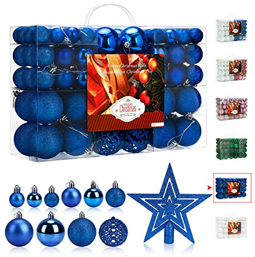 Lot de 100 Boules de Noël Bleu 6cm/4cm/2cm Décorations d'arbre de Noël en Plastique Suspendus Ornements Boules Décorations de Porte et Festival