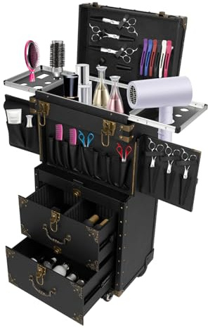 Carro de Peluquería Con 4 Cajones, Carrito de Belleza y Salón, Soporte para Secador de Pelo, para Escuelas de Peluquería, Negro, Moderno
