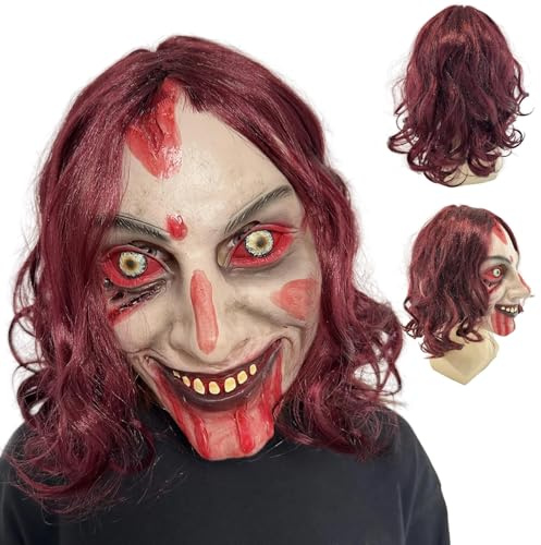 CHIKIXSON Maske Horror Halloween, Halloween Gruselige Weibliche Geistermaske mit Haare, Evil Latex Masken für Erwachsene, Cosplay Kostüm Party Requisiten (Horror Maske)