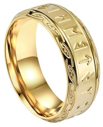 TQWSVUM Nordischer Wikinger Ring mit keltischem Knoten für Männer und Frauen –8 mm breiter Edelstahlring –Handgefertigter mittelalterlicher polierter Vintage Ehering Verlobungsschmuck(Gold_08)