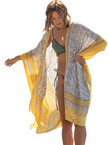 Breezy Lane Blommig kimono för kvinnor, cardigan, bikini, strand, täckande, lediga, badkläder för semester, En kräm, one size