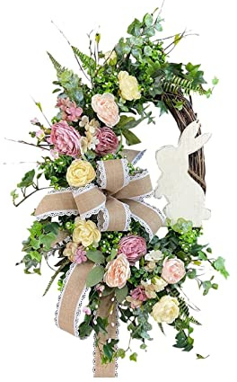 Osterkranz mit Hase Hintern Ohren, Ostern Kranz mit Hase Frühlingskranz Osterkranz Tür Willkommenskarte Türkranz an Der Haustür Verziert Beleuchtet Deko Frühling Osterhasen Wreath (F-011, One Size)