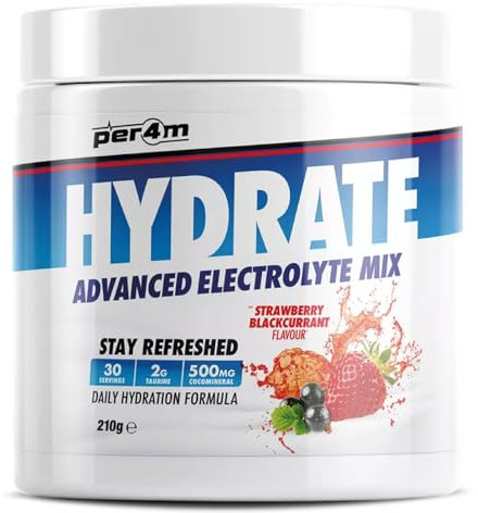 Per4m Hydrate Electrolyte Mix Powder | 500mg Cocomineral | Replenish Essential Electrolytes | Aiding Muscle Function, Cardiovascular Health, Neurological Support (Strawberry Blackcurrant)
