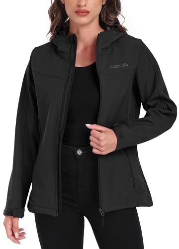 ATLASLAVA Softshelljacke Damen mit Kapuze Regenjacke Fleecejacke Wanderjacke Gefüttert Jacken Outdoor Wandern Schwarz M