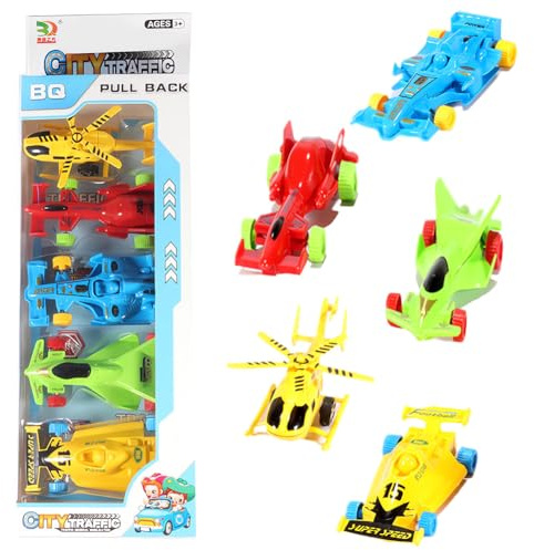 5 Stück Rennauto Zurückziehen,Mini Pull Back Rennen Set,Kunststoff Spielzeugauto Kleine Autos mit Hubschrauber Kinderspielzeug Fahrzeuge Geschenk für Kleinkinder Mädchen Jungen Auto Spielzeug