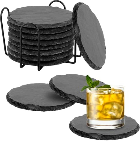 ZOFUN 12 Stück Schiefer Untersetzer Gläser, 4 Zoll Glasuntersetzer Rund mit Halter, 10x10 cm Schieferplatte Getränkeuntersetzer mit Halter für Getränke, Glas, Tassen, Bar, Deko, Raclette, Kerzen