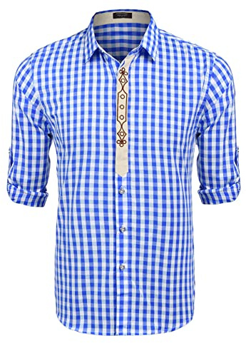 COOFANDY Herren Trachtenhemd Oktoberfest Hemd Langarm Regular Fit Karohemd Freizeithemden Bayrisches Hemd Männer Trachten Hemden Festhemd Trachtenshirt Blau M