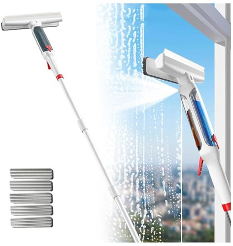 RYJYQYX Spruzzo 4 in 1 Pulisci Vetri con Asta di Prolunga(190cm), Lavavetri con Raccoglitore Acque Nere E 5 Panni Pulivetro per Finestre Alte Interno/Esterno