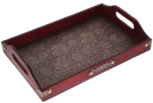 Amosfun Wooden Tray with Handles Rustic Brown Rectangular Serving Platter for Tea and Breakfast 12.6X8.3X1.5 Inch Decorative Food Tray