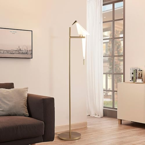 Stehlampe Wohnzimmer Moderne Gold Papier Kran Swing Vogel LED Stehlampe,3000K Warme Acryl Lampenschirm Metall Basis Stehlampen FüR Wohnzimmer Schlafzimmer BüRo Studie Lesen, 1 Kopf