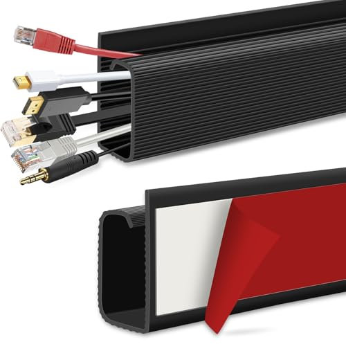 Under Desk Cable Management, Black Cable Trunking Self Adhesive Cable Raceway, J Channel Desk Cable Organizer Cord Hider for Office PC Electric Wire Tidy, 40cm, 2 Pack