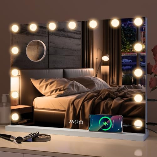 eklipt Hollywood Schminkspiegel mit Beleuchtung, Spiegel mit Beleuchtung,15 LED Licht Dimmbare mit 3 Lichtmodi und USB, Temperatur- und Zeitanzeige,10X Vergrößerung Touch Control 58x45cm