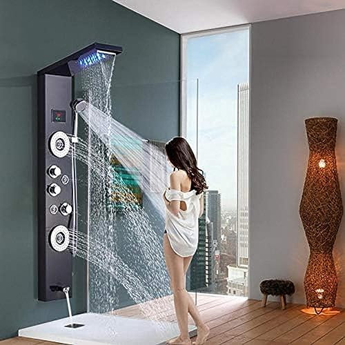 GMWARDDF Kit Doccia, Pannello Doccia Digitale Nero, Colonna Doccia a LED, Cascata a Pioggia, getti Laterali per idromassaggio, Set Doccia per Bagno-Blackend,Blackend