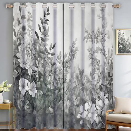 SMBHIAON Tintengarten Gardinen Vorhang Mit Ösen,Üppige Blätter Leichter Weicher Verdunklungsvorhang Wärmeisolierend Ösenschal H175 × B140 cm (2Er Pack), Thermovorhang Kälteschutz Für Wohnzimmer