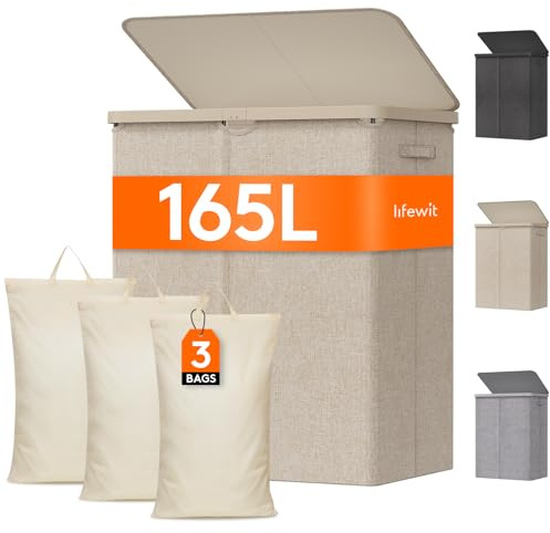 Lifewit Tvättkorg med Lock, Tvättkorg 3 Fack för Tvättsortering med Avtagbara Påsar, Hopfällbar Laundry Basket för Tvättstuga, Sovrum, Badrum och Studentrum, 165 L, Beige