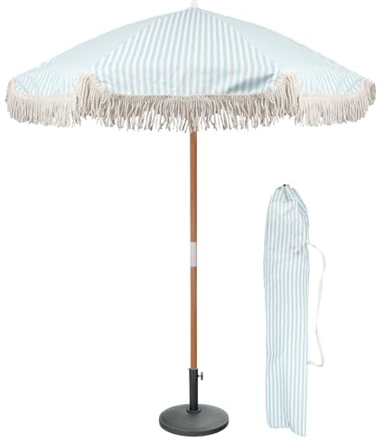 Harbour Housewares 1.4M Tassel Fringed Wooden Garden Parasol & Base Set - Pastel Blue Stripe - 1x UPF30+ Waterproof Portable Free-Standing Outdoor Patio Sun Umbrella Canopy Table Shade with Carry Bag