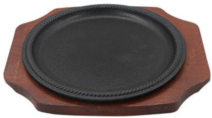 Fenteer Guss Steak Teller Teppanyaki Grill Teller Unstallig mit Hölzernen Basisbrand Pfanne Rundes Steak für Home Restaurant Küche, L