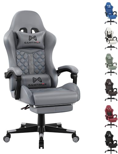 Gamtimer Gaming Chair with Footrest, Ergonomic Computer Chairs, Reclining High Back PU Leather Racing Gamer Chair with Headrest and Lumbar Support, Height Adjustable Video Game Chair for Adult, Gray