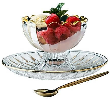JKXLSLAX Bel Set Di Coppette For Gelato In Vetro, Ciotole Da Dessert Da 5,2 Once Con Vassoio Rotondo E Cucchiai, Ciotola For Yogurt Alla Frutta For Cocktail, Zuppa Inglese, Budino, Festa Di Natale