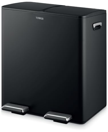 Tower T838022BLK Recycling Pedal Bin with Two 20L Compartments, Carbon Steel Body, Two Inner Buckets, 40L, Black