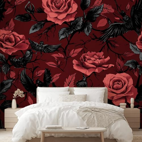 CDt&-84 - Carta da parati fotografica con fiori di rosa e uccelli, 300 x 210 cm