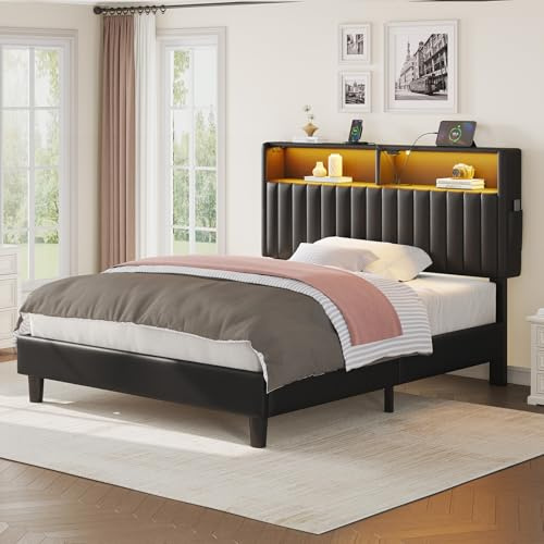 Seventable Bett 90x200 mit Ladestation, Metallbett mit Gepolstertem Kopfteil & LED, Bettgestell mit Zweischichtige Ablage, perfekt für Kinderzimmer, Jugendzimmer (schwarz)