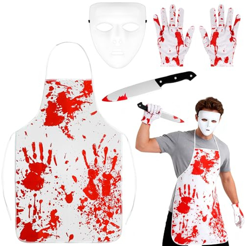 BTHRORO Déguisement Halloween Boucher, Tabliers Sanglants Gants Couteau Sanglant Prop Décoration Masque DIY Accessoires d'Horreur pour d'Halloween Carnaval Fête Mascarade Jeu de Rôle